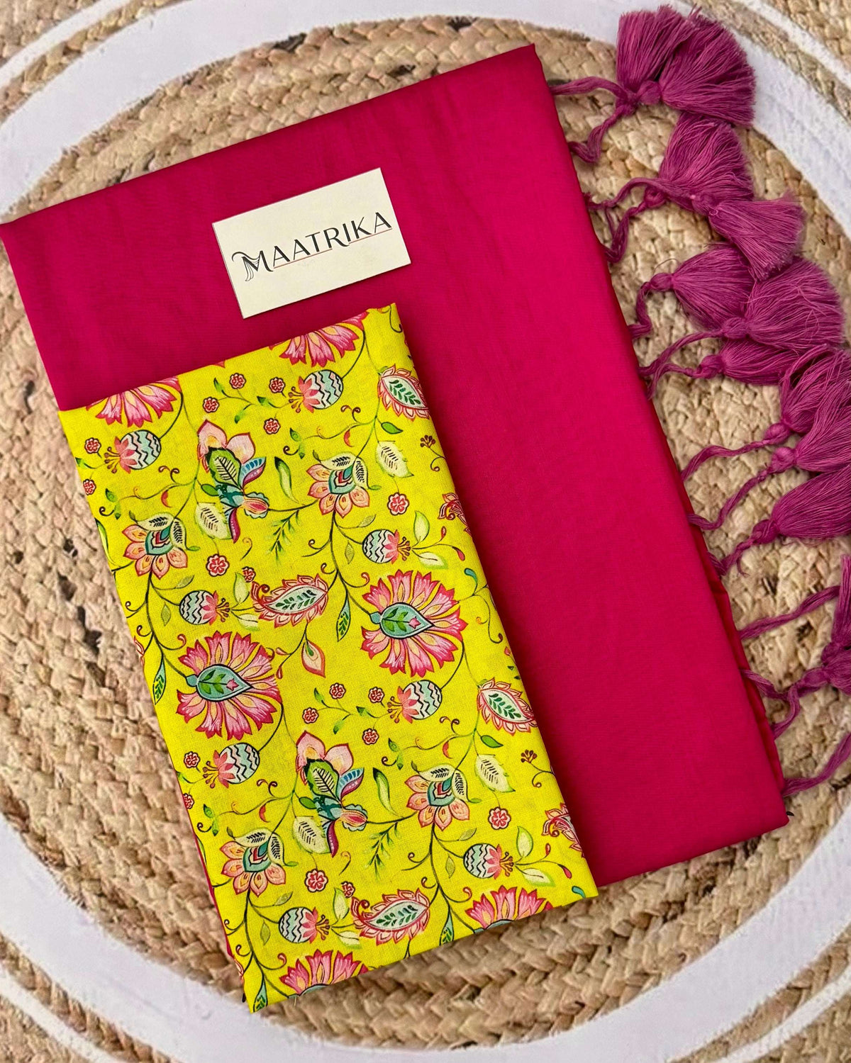 Premium Viscose Cotton Feel Plain Saree with Tassels & Printed Blouse | Soft Lightweight Daily Wear Saree | 0% Polyester | Rani Pink Color Saree