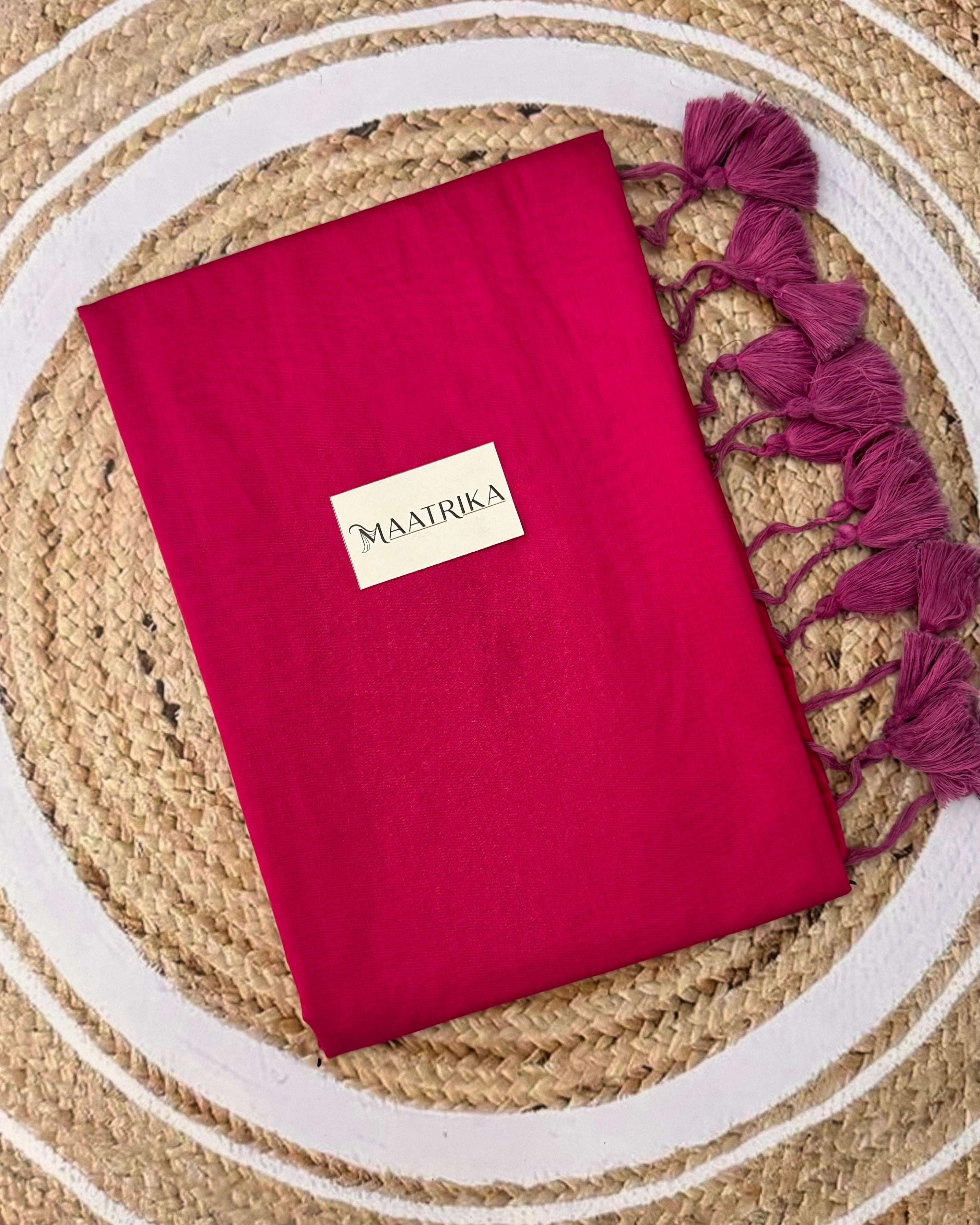 Premium Viscose Cotton Feel Plain Saree with Tassels & Printed Blouse | Soft Lightweight Daily Wear Saree | 0% Polyester | Rani Pink Color Saree