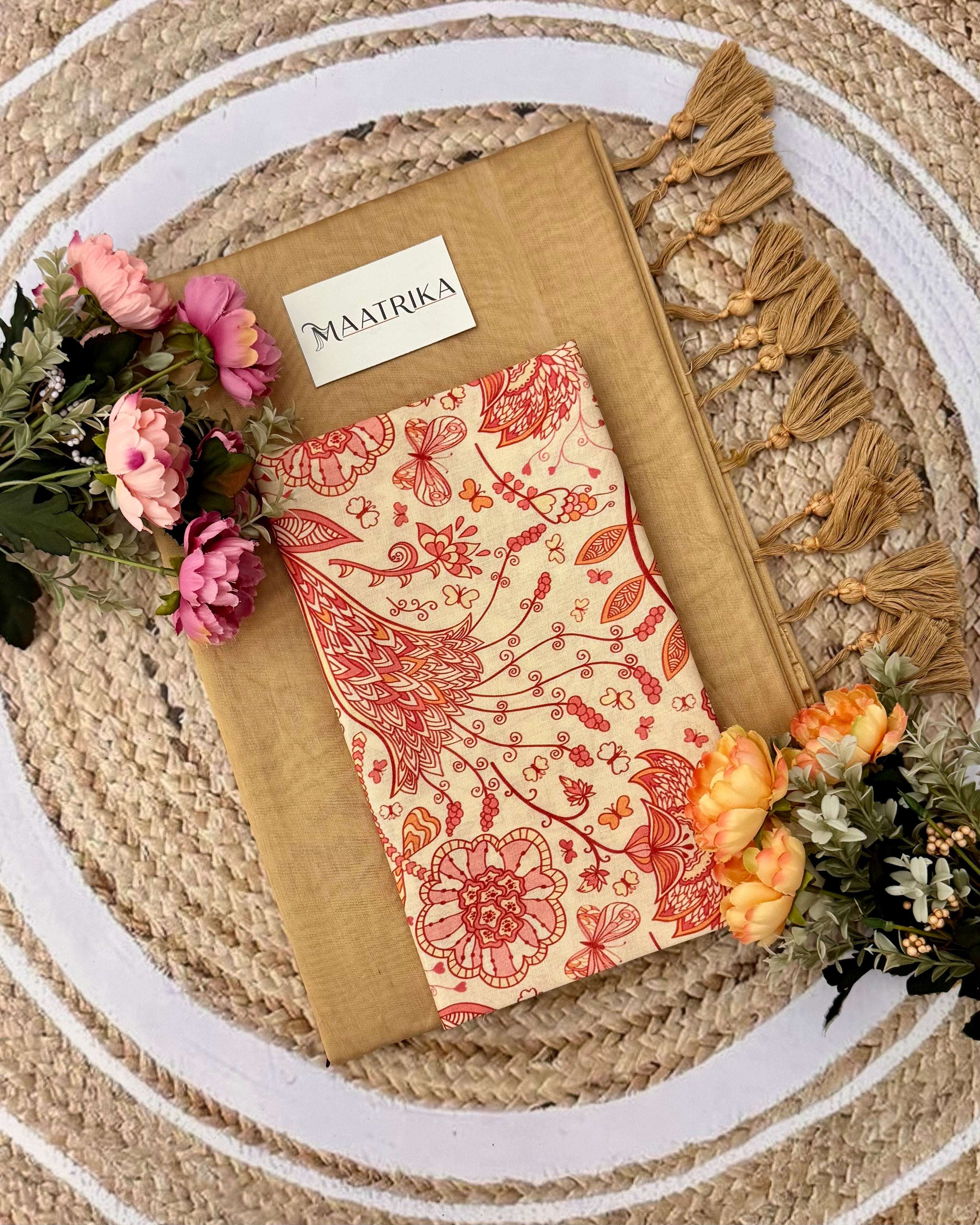 Premium Viscose Cotton Feel Plain Saree with Tassels & Printed Blouse | Soft Lightweight Daily Wear Saree | 0% Polyester | Copper Color Saree