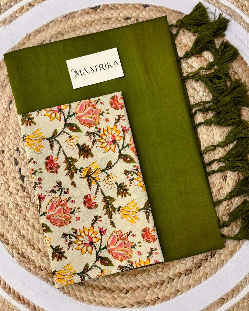 Premium Viscose Cotton Feel Plain Saree with Tassels & Printed Blouse | Soft Lightweight Daily Wear Saree | 0% Polyester | Mahendi Color Saree