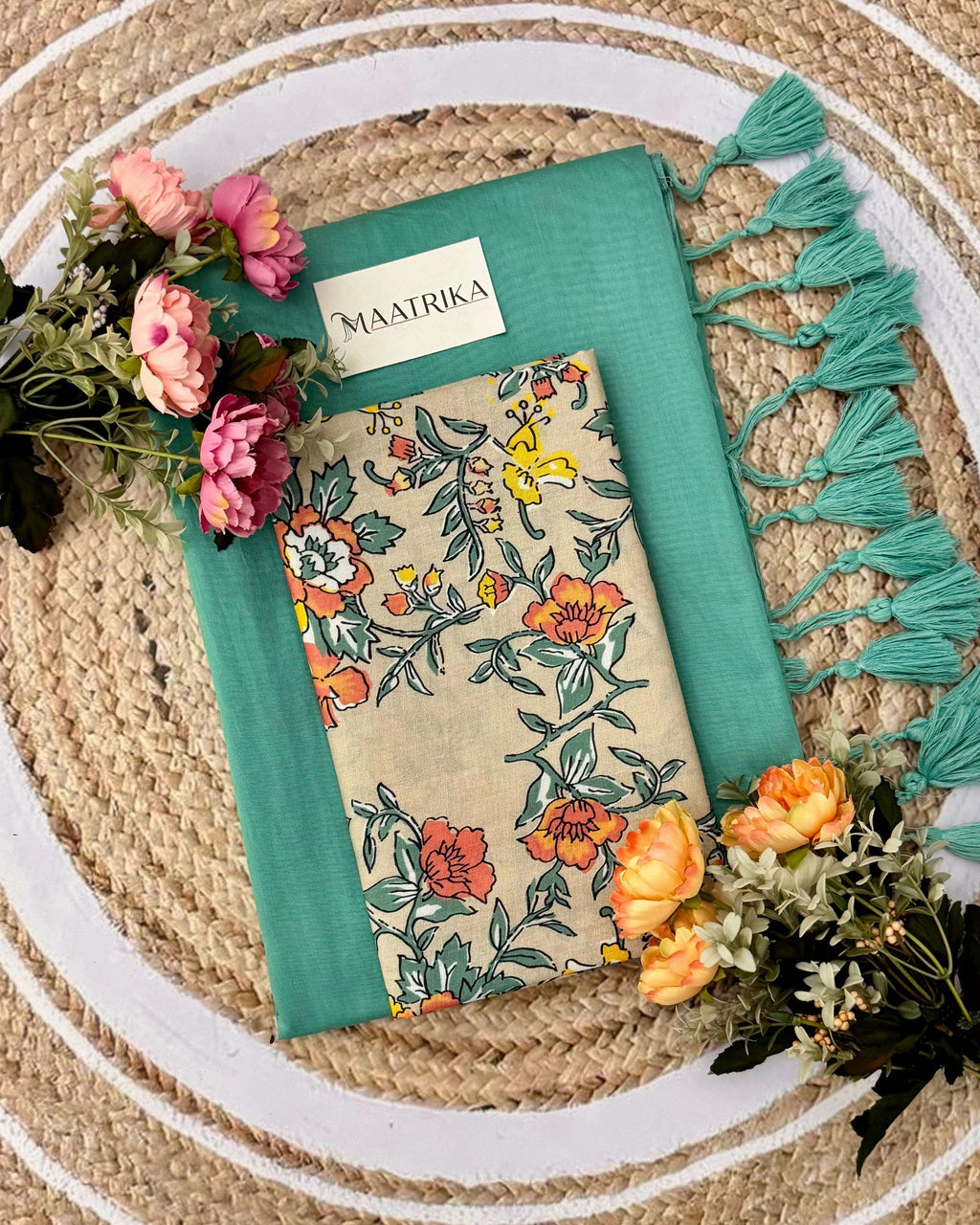 Premium Viscose Cotton Feel Plain Saree with Tassels & Printed Blouse | Soft Lightweight Daily Wear Saree | 0% Polyester | Teal Color Saree