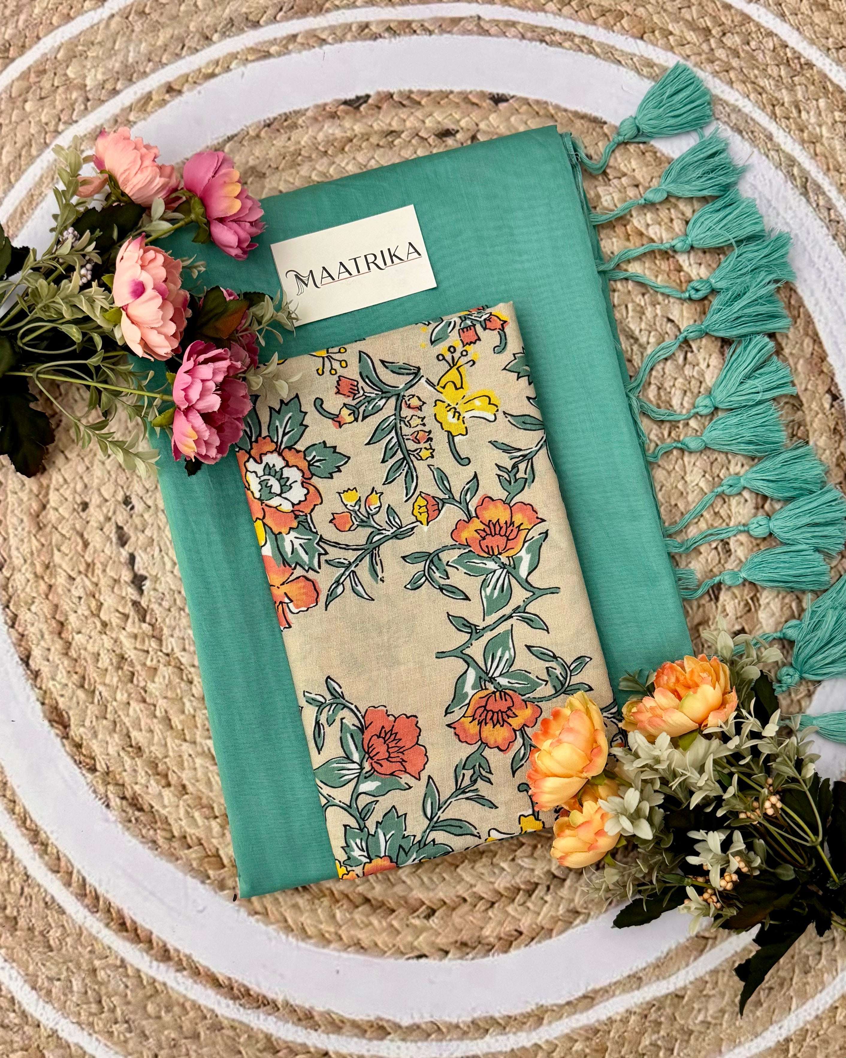 Premium Viscose Cotton Feel Plain Saree with Tassels & Printed Blouse | Soft Lightweight Daily Wear Saree | 0% Polyester | Teal Color Saree