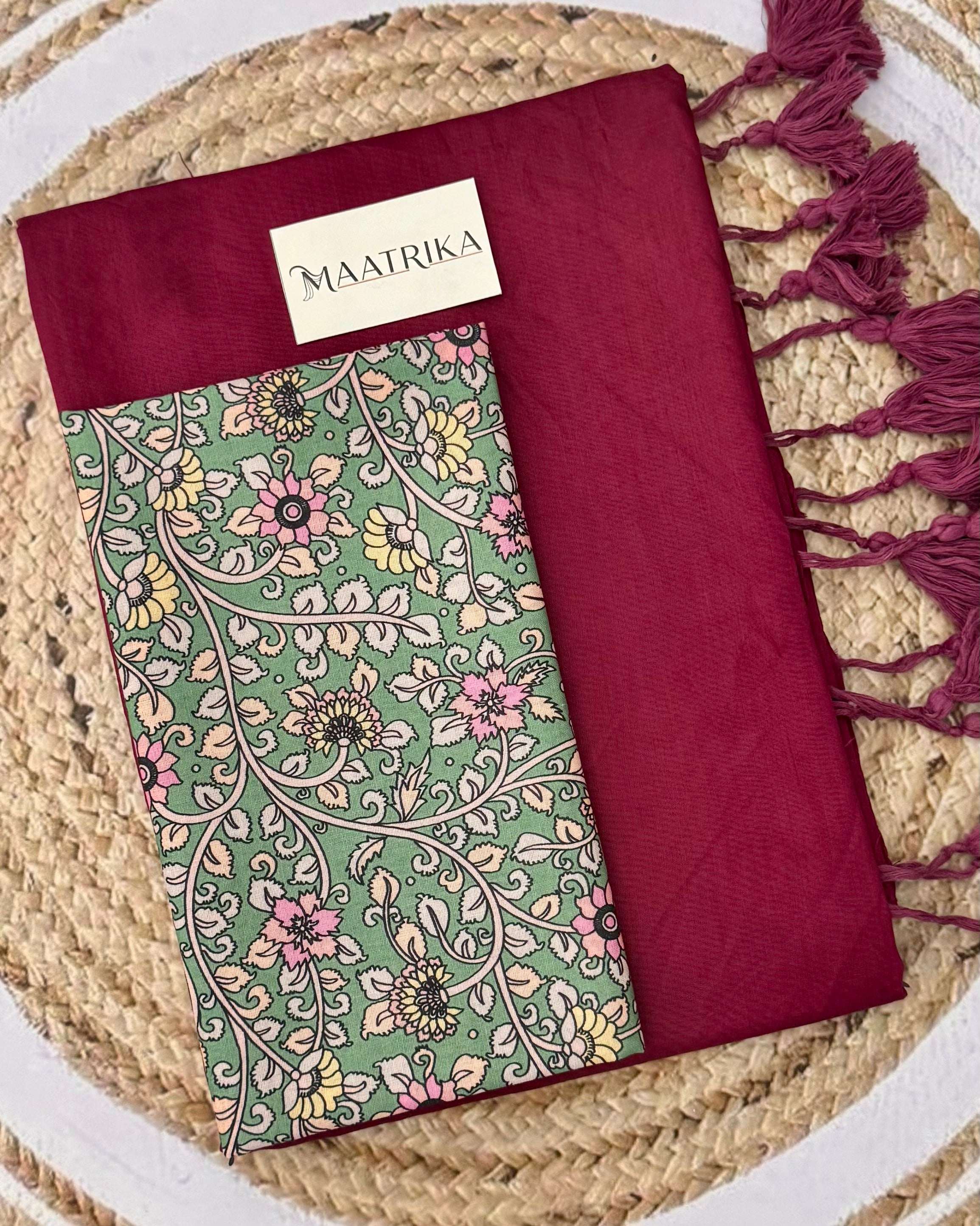 Premium Viscose Cotton Feel Plain Saree with Tassels & Printed Blouse | Soft Lightweight Daily Wear Saree | 0% Polyester | Wine Color Saree