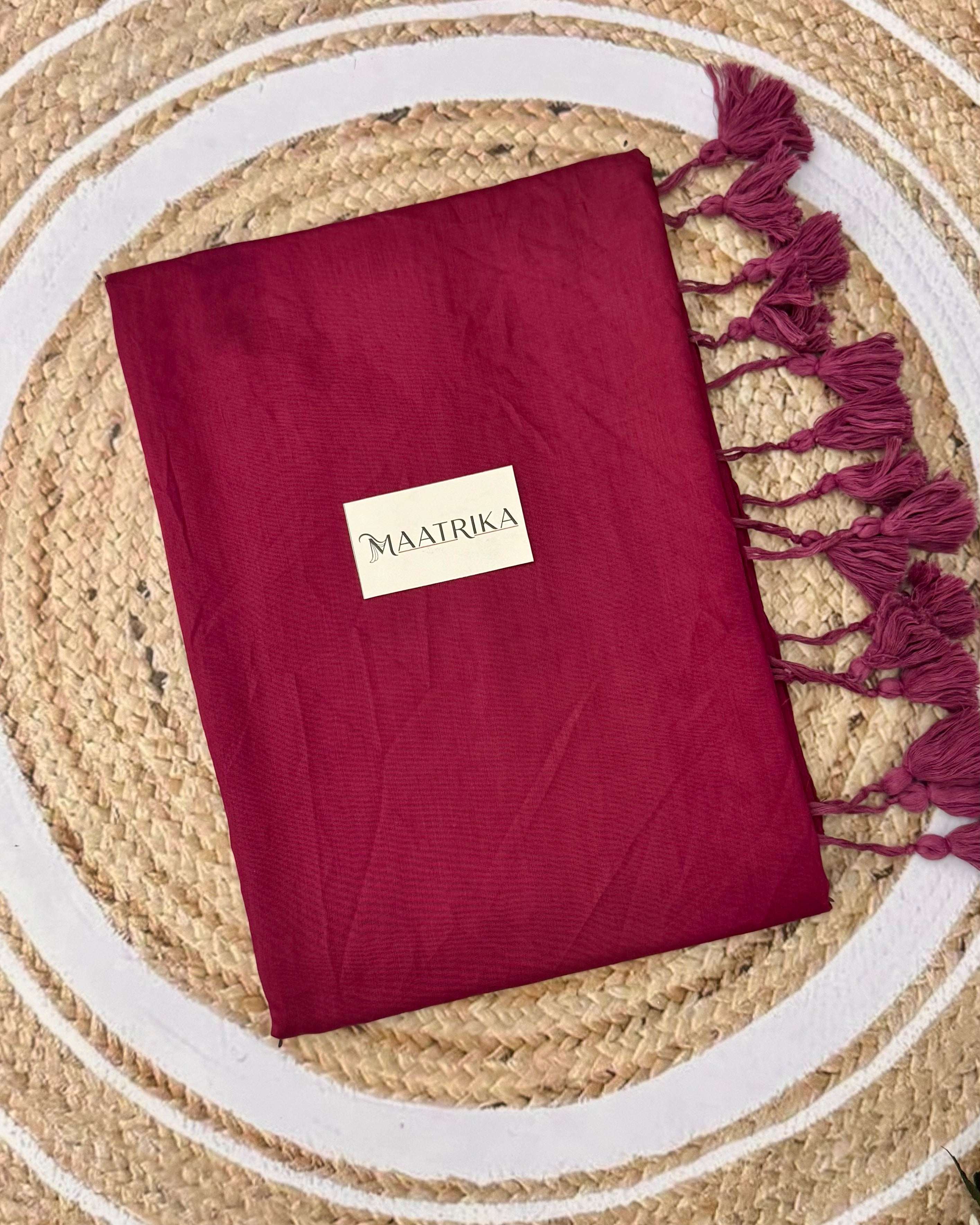 Premium Viscose Cotton Feel Plain Saree with Tassels & Printed Blouse | Soft Lightweight Daily Wear Saree | 0% Polyester | Wine Color Saree