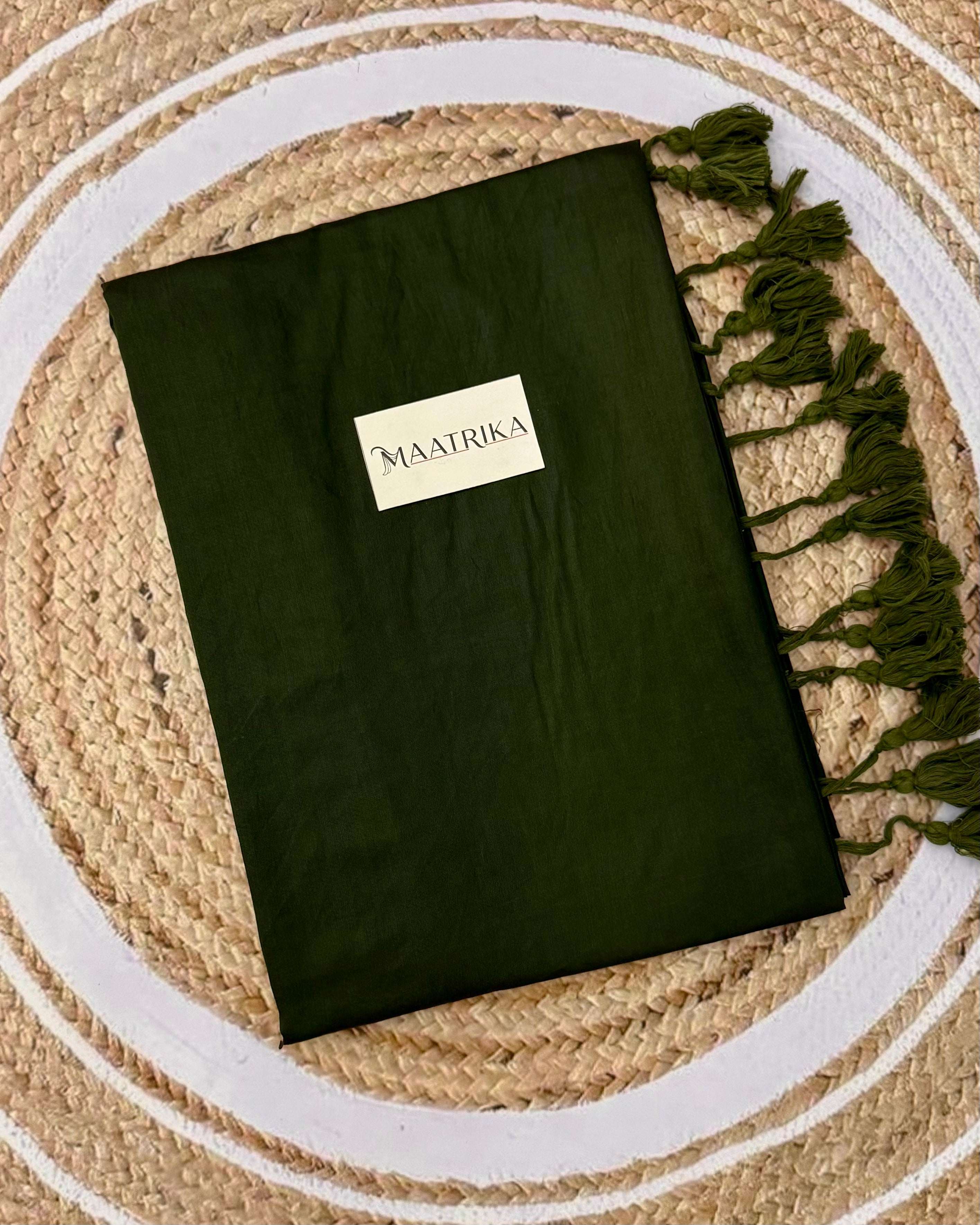 Premium Viscose Cotton Feel Plain Saree with Tassels & Printed Blouse | Soft Lightweight Daily Wear Saree | 0% Polyester | Dark Green Color Saree