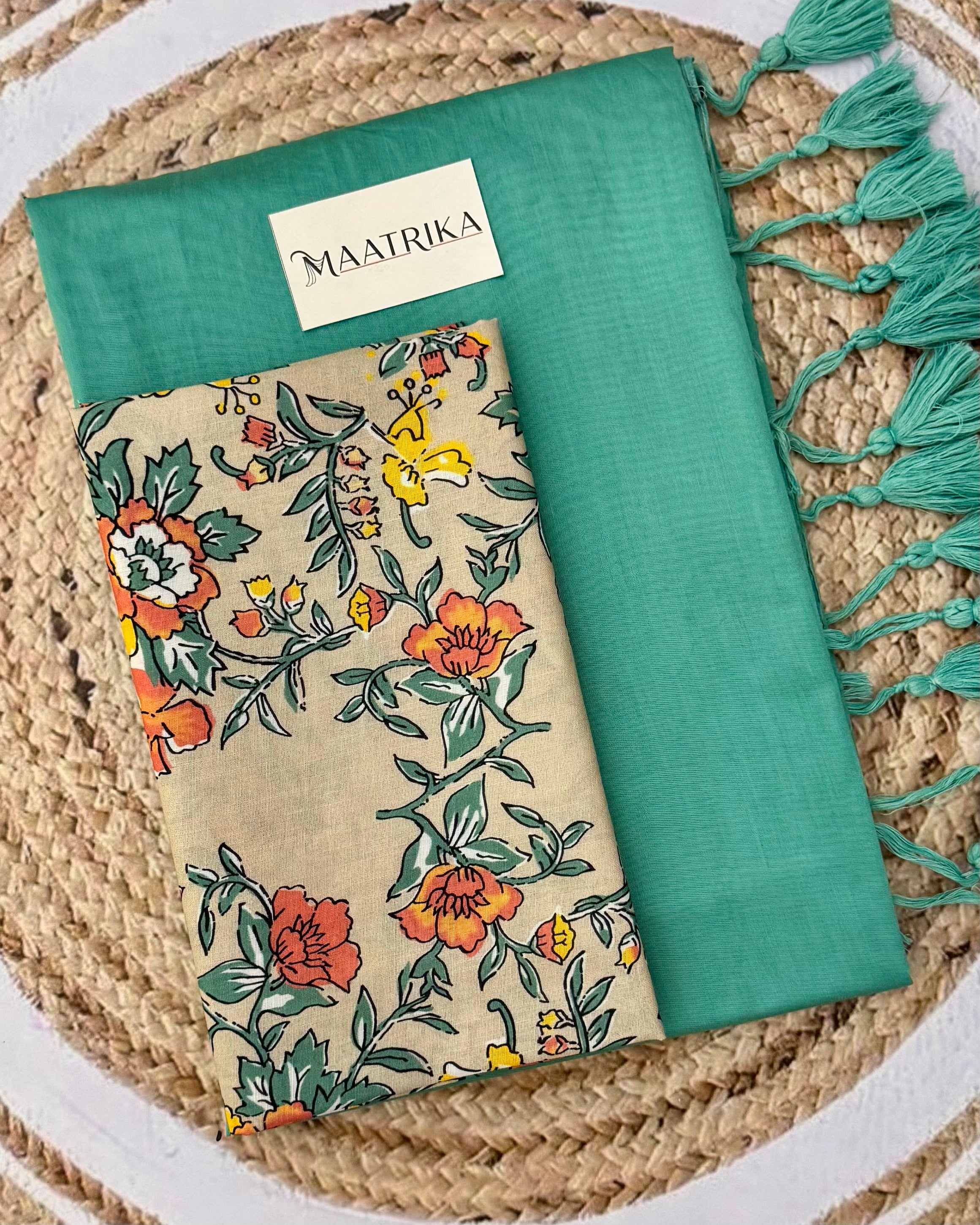 Premium Viscose Cotton Feel Plain Saree with Tassels & Printed Blouse | Soft Lightweight Daily Wear Saree | 0% Polyester | Teal Color Saree