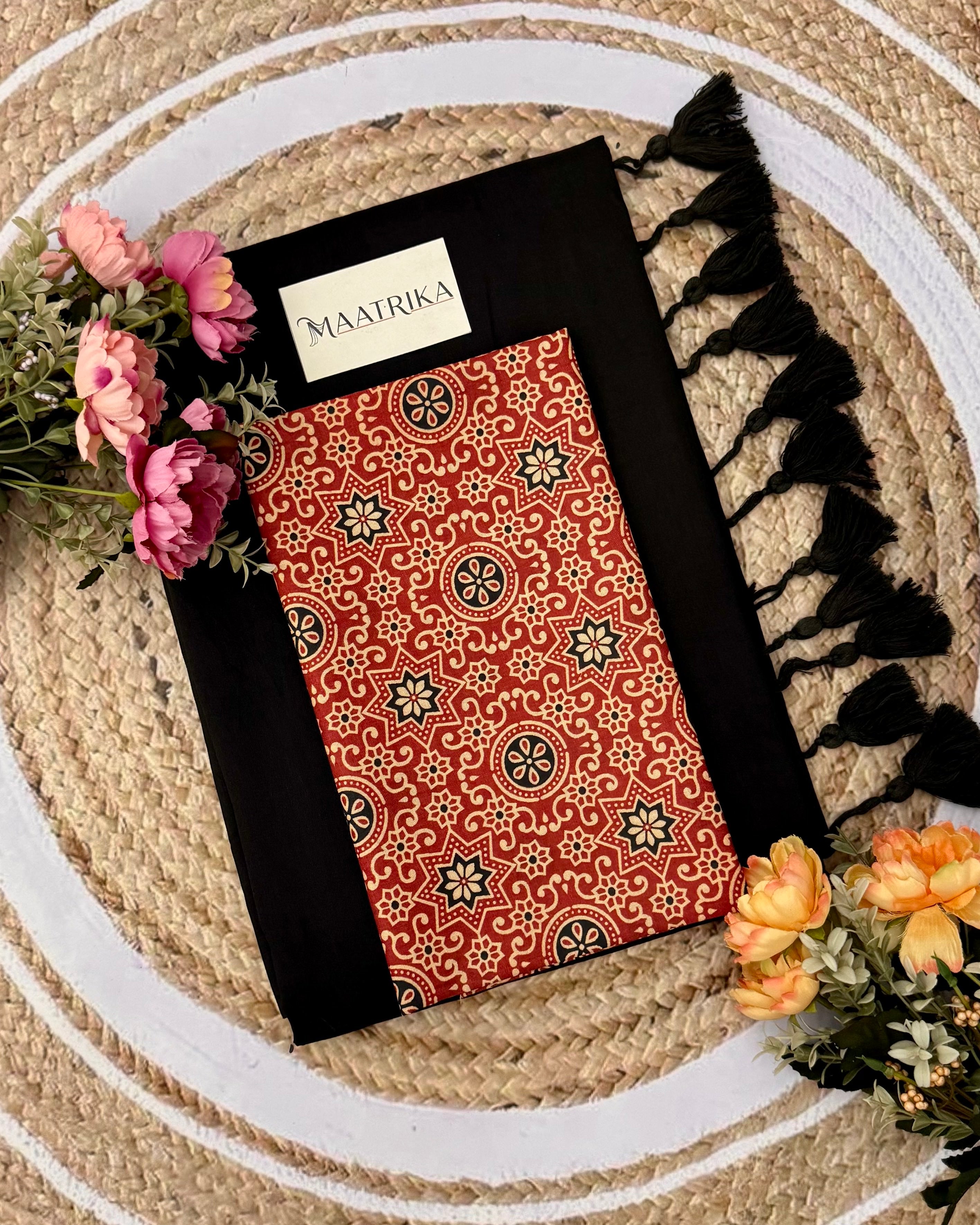 Premium Viscose Cotton Feel Plain Saree with Tassels & Printed Blouse | Soft Lightweight Daily Wear Saree | 0% Polyester | Black Color Saree