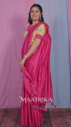 Premium Viscose Cotton Feel Plain Saree with Tassels & Printed Blouse | Soft Lightweight Daily Wear Saree | 0% Polyester | Rani Pink Color Saree